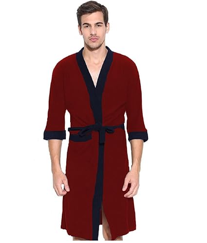 Elevanto Premium Collection 3/4Th Sleeve Terry Cotton Bathrobe-Free Size-Men(RED with Blue Strips}