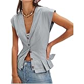 SurBepo Vest Tops for Women V-Neck Button Down Linen Blazer Cap Sleeve Fitted Waistcoat Work Casual Dressy Clothes
