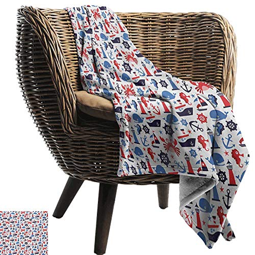 BelleAckerman Throw Blankets Fleece Blanketï¼ŒNautical,Steering Wheel Crab Cartoon Style Happy Fun Children Artwork Underwater World,Red Indigo Blue,300GSM, Super Soft and Warm, Durable 30"x50"