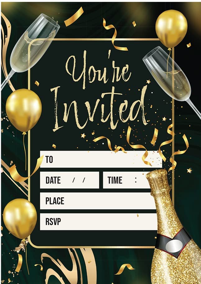 Kirsten McMillan 32 Black & Gold Champagne Birthday Invitations - A6 Birthday Party Invitations Cards for Adults with Envelopes – Invites Designed and Printed in the UK