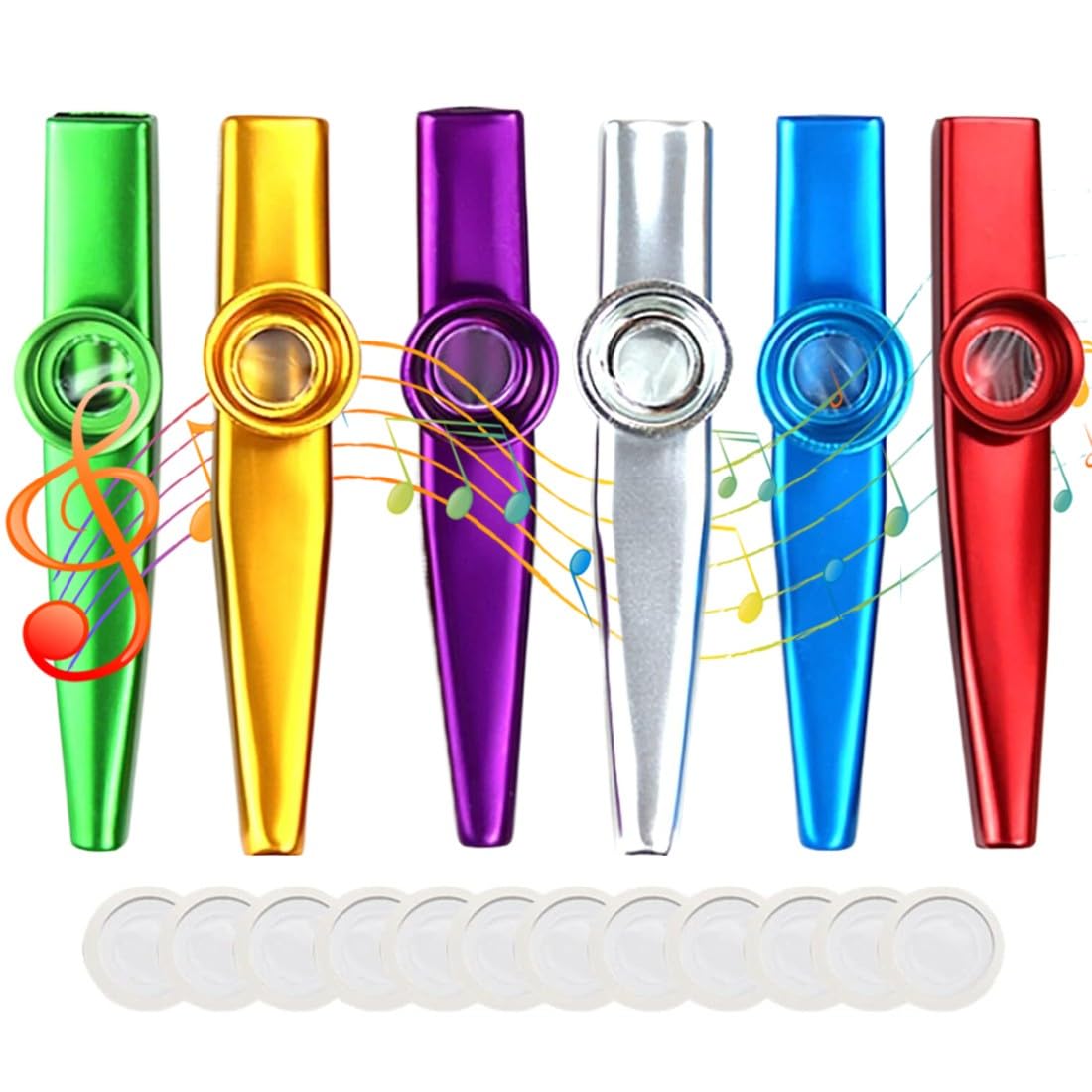 6 Pack Kazoos,Multipack Kazoo Metal Kazoo Musical Instruments Kazoo Instrument with 12 Flute Membrane & 6 Lanyards Good Companion for Children Kids & Music Lover Beginners