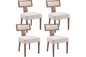 HNY Mid Century Modern Dining Chairs Set of 4, Farmhouse Linen Fabric Upholstered Accent Chairs Curved Nailhead Trim Backrest Kitchen Chairs, with Hardwood Frame, Beige