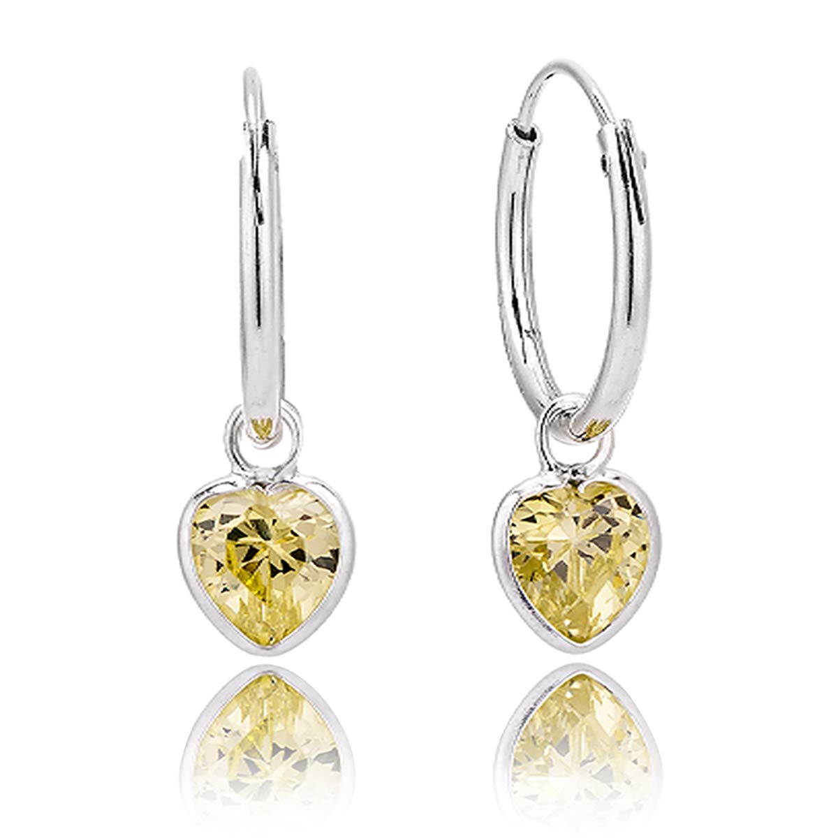 932 Sterling Silver Small Endless Hoops Earrings with Dangling Heart Crystal 5 mm - Sleepers Earrings Peridot Colour - Thickness 1.5 mm - Outer Diameter: 14 mm โ image 1