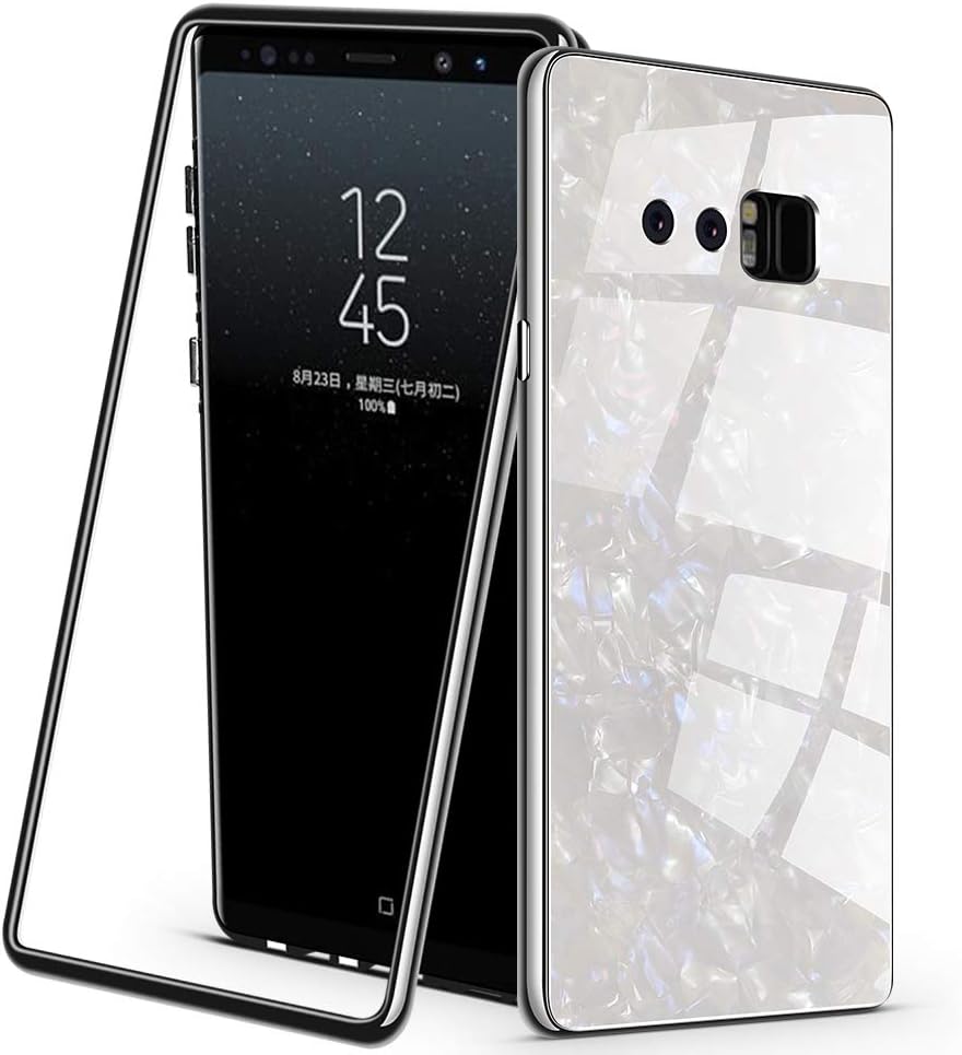 GPROVA for Samsung Galaxy Note 9 Case, Magnetic Adsorption, Marble Tempered Glass Back Cover, Ultra Thin Metal Frames 360 Protection with Screen Protector 6.4" 2018 (White)