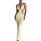 Women Sexy V Neck Bodycon Sweater Dress Knitted Halter Backless Hollow Out Waist Maxi Dress Party Club Long Dresses