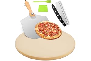 GOFOWRK Pizza Stone Large Set, 15 Inch Large Round Pizza Stone Set for Oven & Outdoor Grill with Metal Pizza Peels & Cutter R