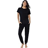 Joyaria Women's Bamboo Viscose Pajamas Short Sleeve Round Neck Top & Jogger Pajama Pants with Pocket S-XXL