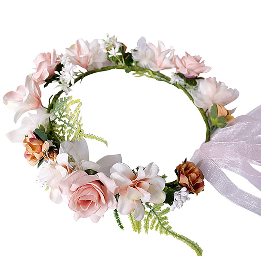 Floral Crown Headband Adjustable Rose Hair Wreath Boho Bridal Garland Crown Headpiece with Ribbon for Wedding Ceremony Party Festival