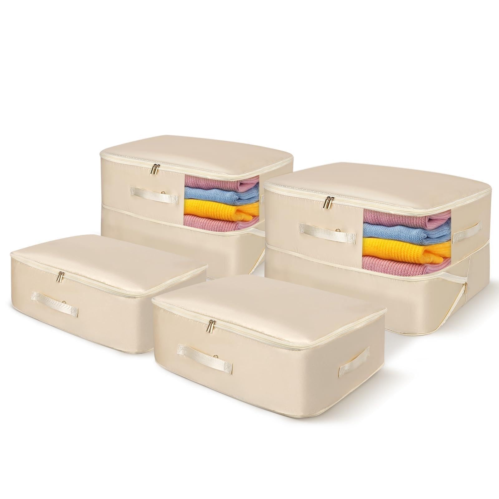 Minicoco 4 Packs 66L Large Clothes Storage Bags, Closet Organizers and Storage with Reinforced Handle and Zips, Storage Boxes for Clothes, Duvets, Comforters, Blankets, Bedding (Beige, M)