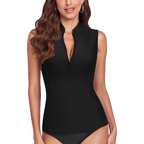 WOWENY Women's Rash Guard Zipper Tankini Swim Tops Sleeveless Swim