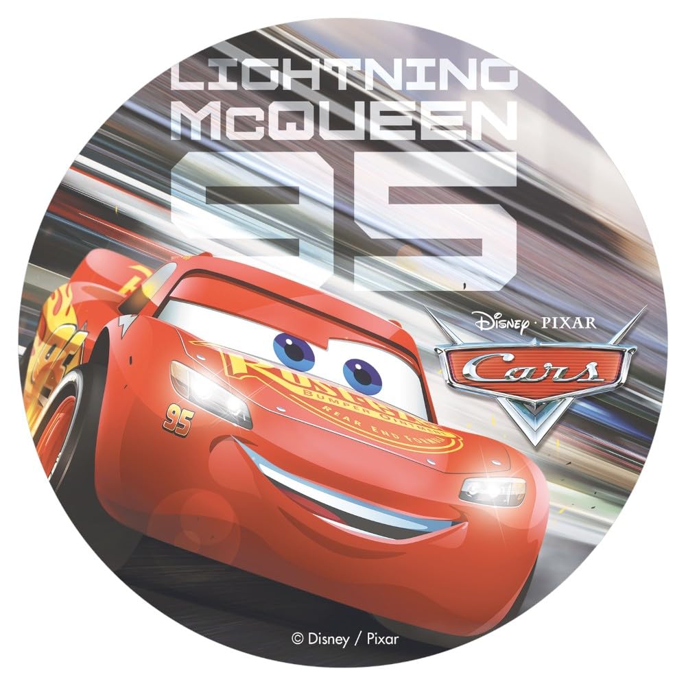 Dekora - Lightning McQueen Birthday Cake Topper - Cars Edible Wafer Disc - Sugar Free, Gluten Free and Vegan - Diameter 20 cm