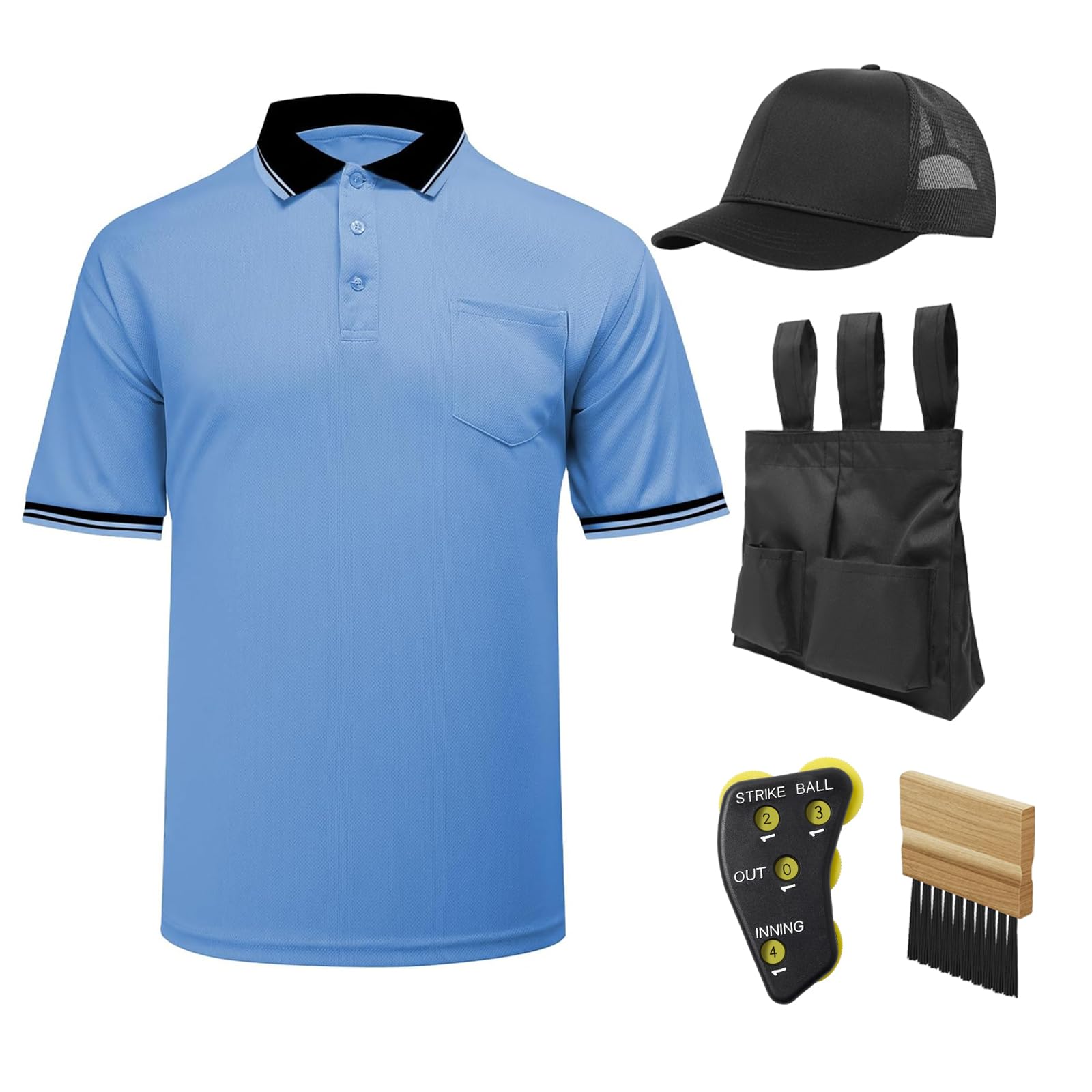 View 1 of ***MISSING PARTS***
redgino 5Pcs Men’s Baseball/Softball Umpire Gear Shirt Ball Bags Clicker Hat Brush Referee Accessories Sets Jersey Kit Light Blue L
