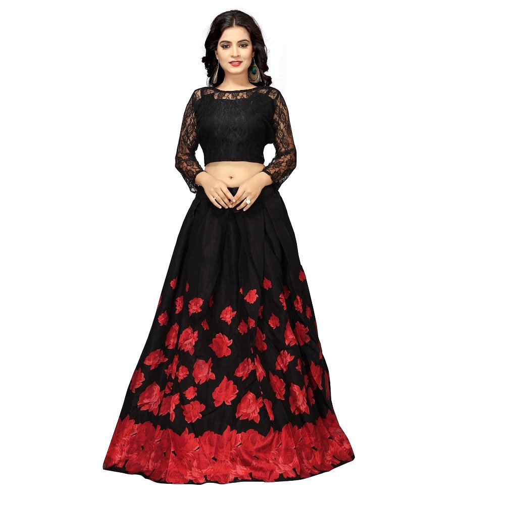 nena fashion women's satin semi-stitched lehenga choli (black and red, free size)