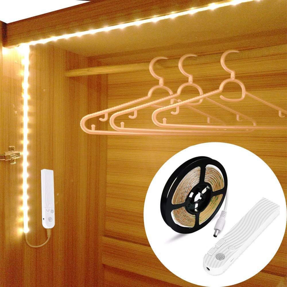 Motion Sensor Wardrobe Lights, KUCAM 1.5M LED Strip Light, USB Rechargeable,Dimmable,3000K Warm White for Wardrobe,Closet,Under Cabinet,Bathroom,Bedroom,Stairs
