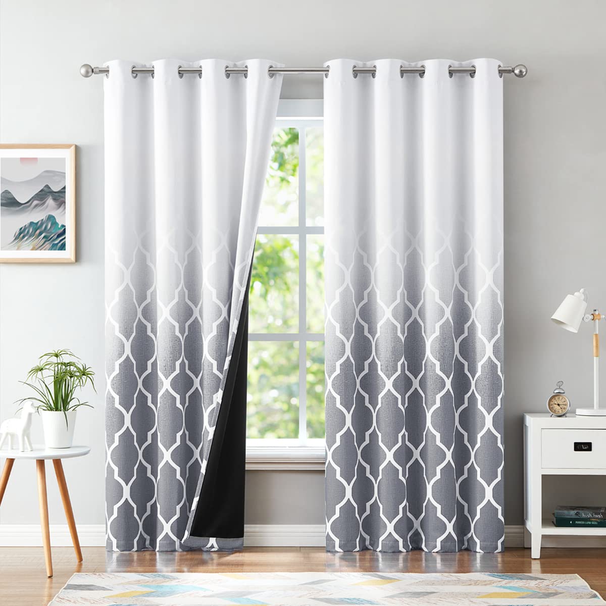 Beauoop Blackout Curtains for Living Room Grey Ombre Curtains 90 Inch Drop Geometric Print Eyelet Curtain for Bedroom Room Darkening Thermal Insulated Window Curtain Drapes 2 Panel