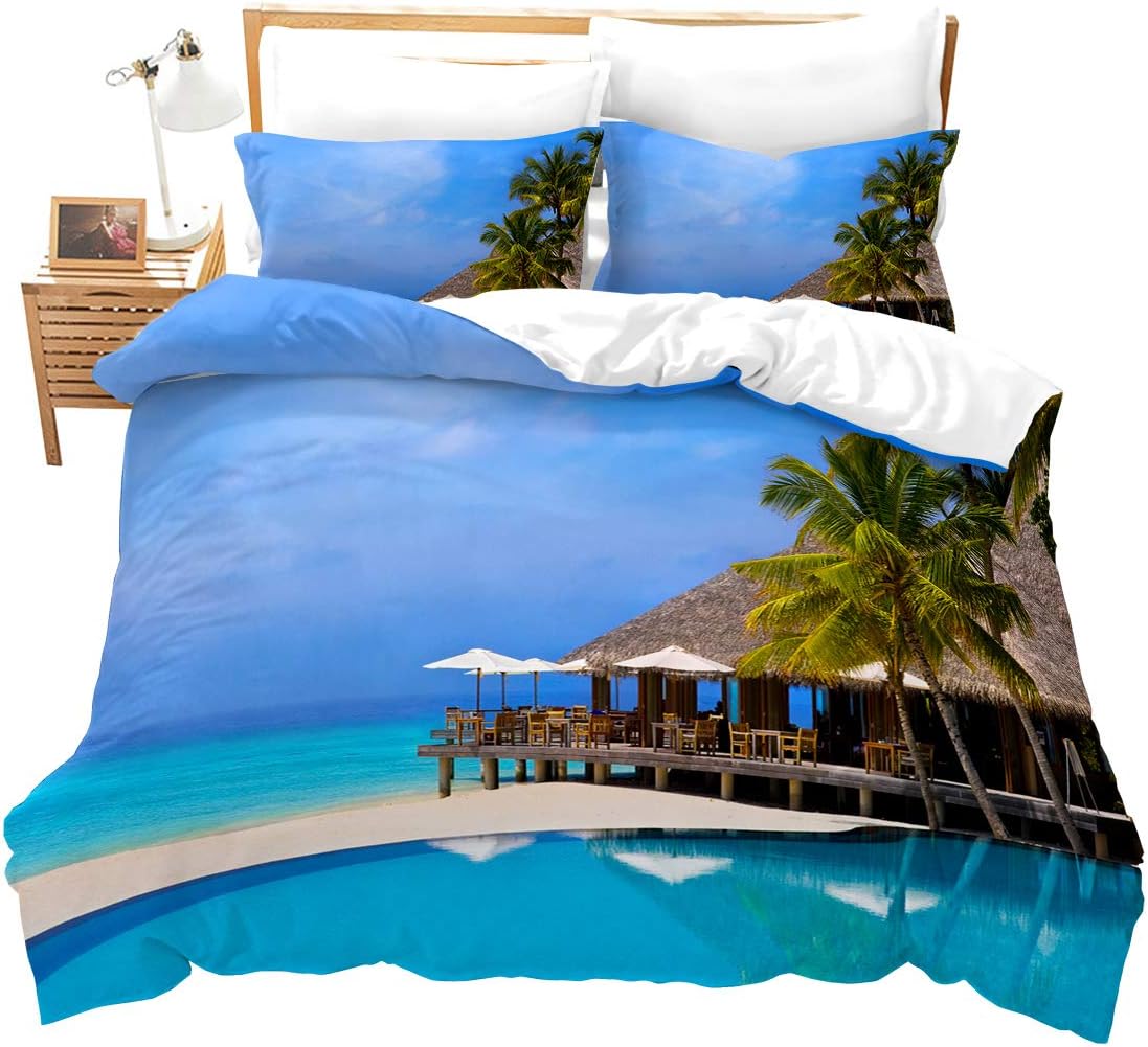 Feelyou Beach Duvet Cover Set Twin for Kids Ocean Bedding Set Hawaiian Tropical Sea House Printed Bedding Cover Microfiber Polyester Comforter Cover with 1 Pillow Shams, Blue,Zipper, 2Pcs