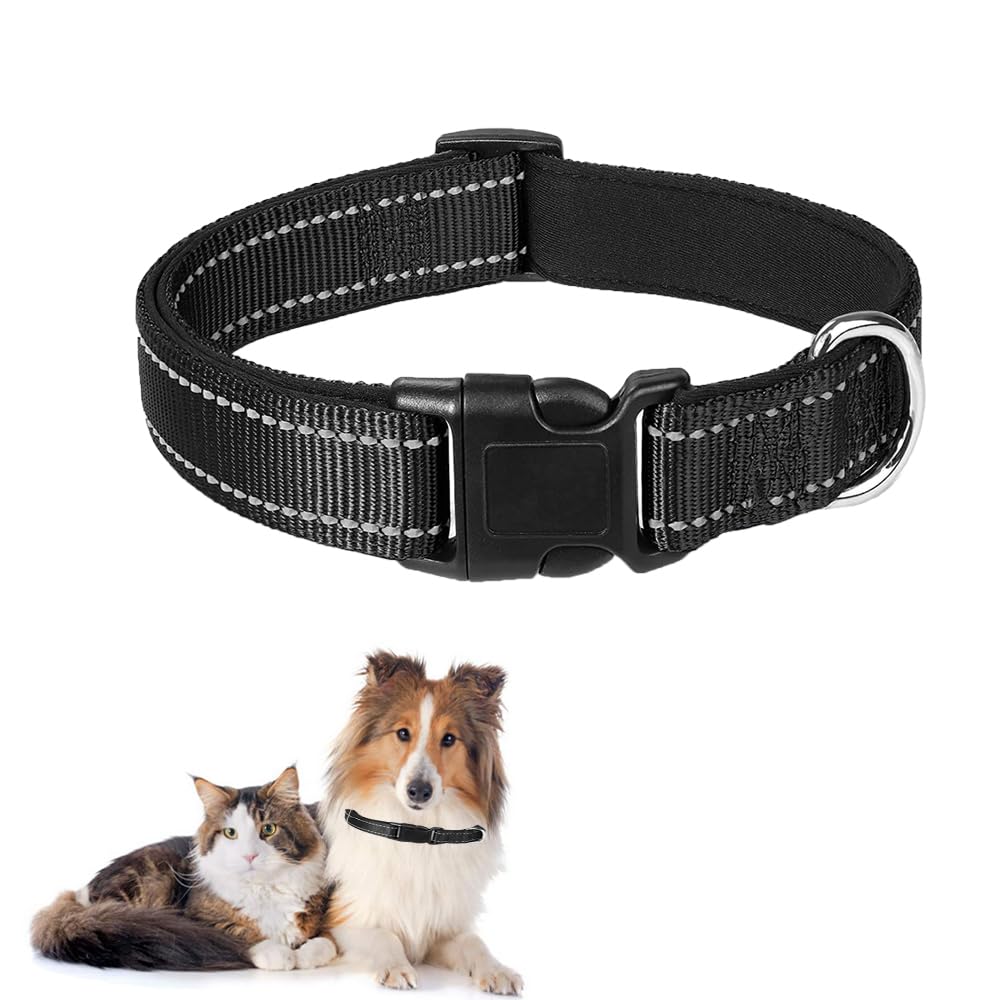 Reflective Collar Dog Collar Adjustable Pet Collar Black Pet Adjustable Nylon Collars with Heavy-Duty Metal Buckle for Puppy Small Medium Large Dogs(L)