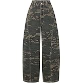 Women's Hight Rise Camo Wide Leg Jeans - Baggy Boyfriend Denim Pants with Graphic Print & Pockets