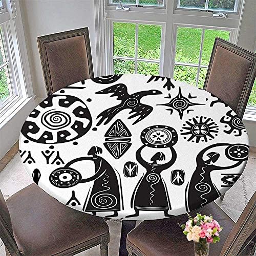 Mikihome Elasticized Table Cover Shaman Eagle Sun Snake Figure Prehistoric Cave Drawing Tribal Folkloric Theme Black White Machine Washable 63"-67" Round (Elastic Edge)