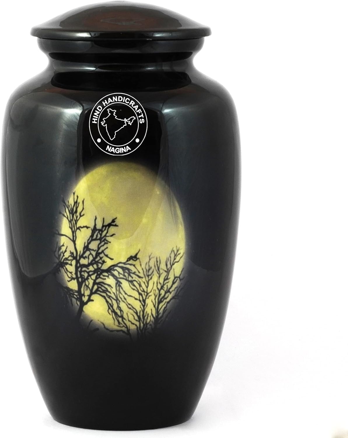 Handmade Aluminium Cremation Urn for Human Ashes Adult – Moonlight Tree Design Memorial Urn with Velvet Bag – Large Funeral Ash Storage (Full Moon Dark Night, 200 Cubic Inches)
