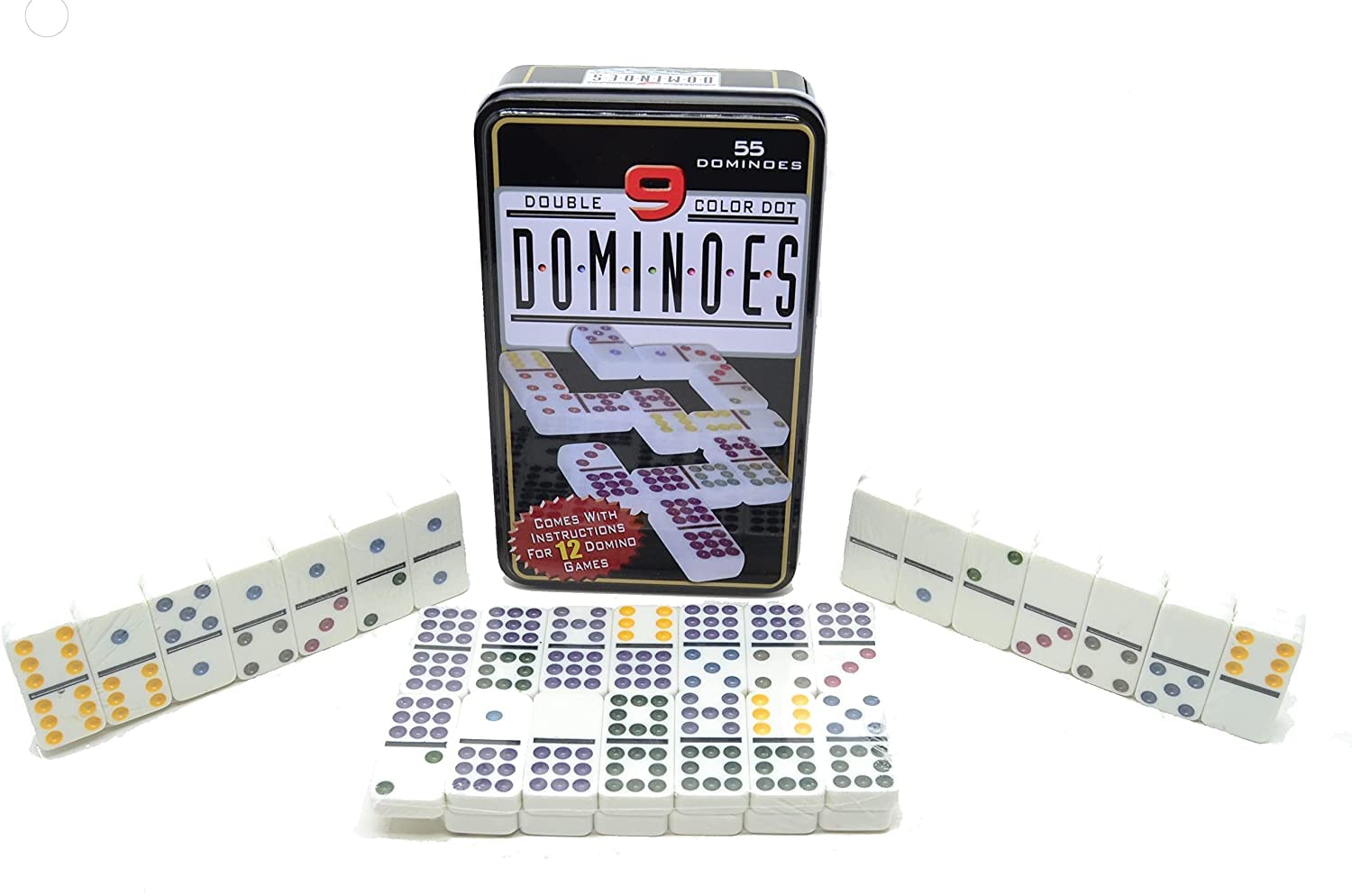 Double Dot Domino 9 Colours (Set 55, Dominoes) in Metal Box