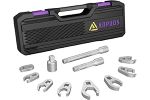 ANPUDS 3/8" Drive Crowfoot Wrench Set, 11-Piece Metric Crows Foot Wrench Set with 2 Extension Bars, 1/2''to 3/8'' Adapter, Storage Box, Flare Nut Wrench Set for Repair Work Tight Spaces