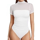 MANGOPOP Women's Mock Turtle Neck Bodysuit Mesh Ruched Short Long Sleeve Body Suit Sexy Sheer Trendy Going Out Outfits Tops