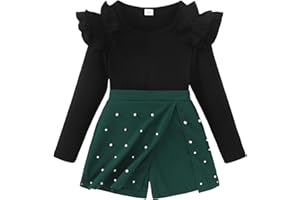 Yhnslsf Girls Teen Clothes, Fall Winter Outfits Long Sleeve Ruffle Sleeve Top and Pleated Plaid Mini Skirt Set Size 7-14Y