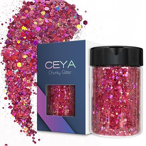 Ceya Holographic Chunky Glitter 4.9oz/ 140g Rose Red Craft Glitter Powder Mixed Chunky Fine Flakes Iridescent Nail Sequins Fe for Nail Art, Hair, Epoxy Resin, Tumblers, Slime, Painting, Festival Decor