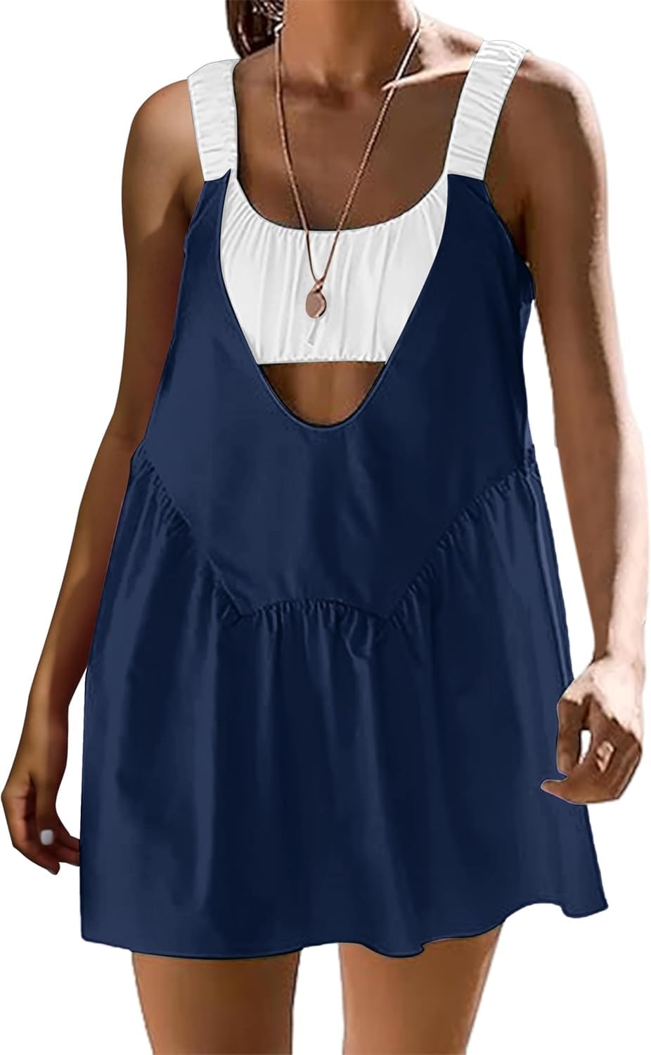 Photo 1 of Navonta Womens Tennis Dress with Built in Shorts and Bra Cut Out Athletic Workout Dresses Hot Shot Mini Dress 2 Piece Outfit Navy White size M