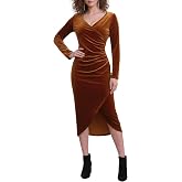 Melynnco Women's Velvet Dress Long Sleeve Wrap V-Neck Elegant Cocktail Party Fall Midi Dress for Wedding Guest