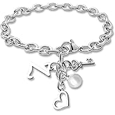 Initial A-Z Bracelets Gift for Women Girls Stainless Steel Chain Bracelet 26 Alphabet Jewelry Gifts for Birthday Anniversary Letter Bracelet Monogram Gifts for Sister Friend Girlfriends Mom 8.26 Inch