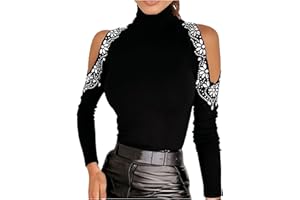 SHOPESSA High Neck Tops for Women Slim Fit Cold Shoulder Long Sleeve Blouses Rhinestone Bling Shirts for Party Casual