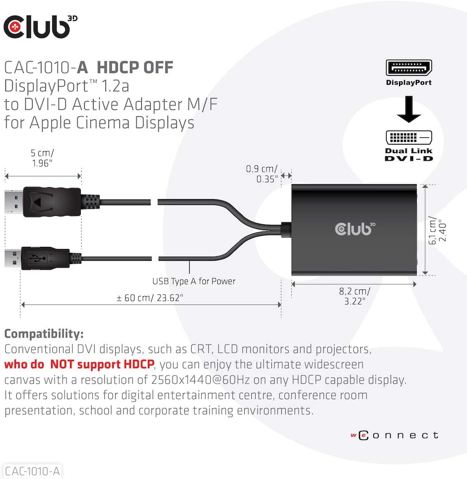 Club 3D CAC-1010-A Active DisplayPort to DVI-D HDCP OFF Adapter for Cinema Displays, Black - Image 4