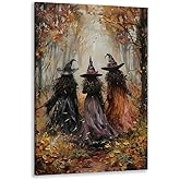 Horror Halloween Decor Wall Art Print Three Witches In The Forest Vintage Posters Decor Autumn Beautiful Witches Forest Canvas Printing For Living Room Bedroom 12x18inch Framed
