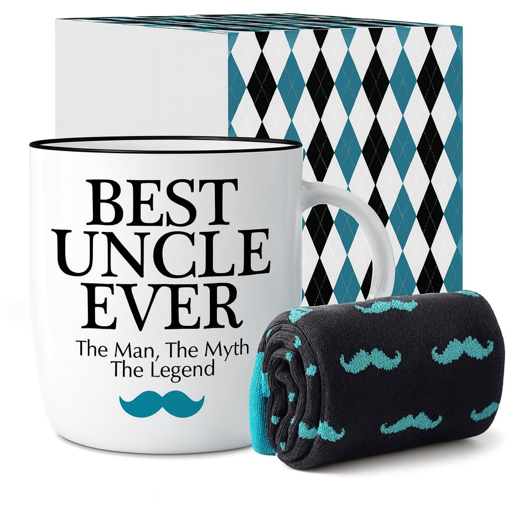 Triple Gifffted Best Uncle Ever Coffee Mug and Socks Gift Set – Funny Gifts for Christmas, Father’s Day, Valentine’s, Birthday from Niece or Nephew – 380ml Ceramic Cup with Cozy Socks