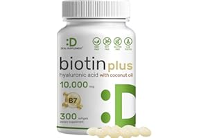 DEAL SUPPLEMENT Biotin 10000mcg Plus Hyaluronic Acid 25mg with Coconut Oil, 300 Softgels, Bioavailable Biotin (Vitamin B7) Supplement, Promote Healthy Hair, Skin & Nails for Women and Men, Gluten Free, Non-GMO