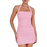 Nsbonu Women's Sexy Bodycon Ruched Halter Mini Dresses Sleeveless Backless Club Party Short Dress