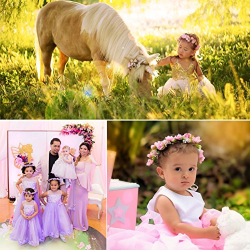 Ocharzy Adjustable Wedding Flower Headband Garland with Floral Wrist Band Hair Wreath Crown Decoration (Tweed pink)