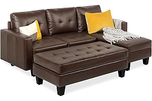 Best Choice Products Tufted Faux Leather 3-Seat L-Shape Sectional Sofa Couch Set w/Chaise Lounge, Ottoman Coffee Table Bench, Brown