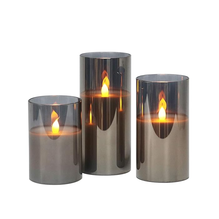 Gray Glass Battery Operated Flameless Led Candles with Timer, Warm White Flickering Light, Batteries Included - Set of 3