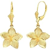 Textured 10k Gold Hawaiian Flower Plumeria Dangle Earrings (Medium)