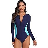 ABAFIP Women Long Sleeve Rash Guard Swimsuit Color Patchwork Zip One Piece Bathing Suit Swimwear