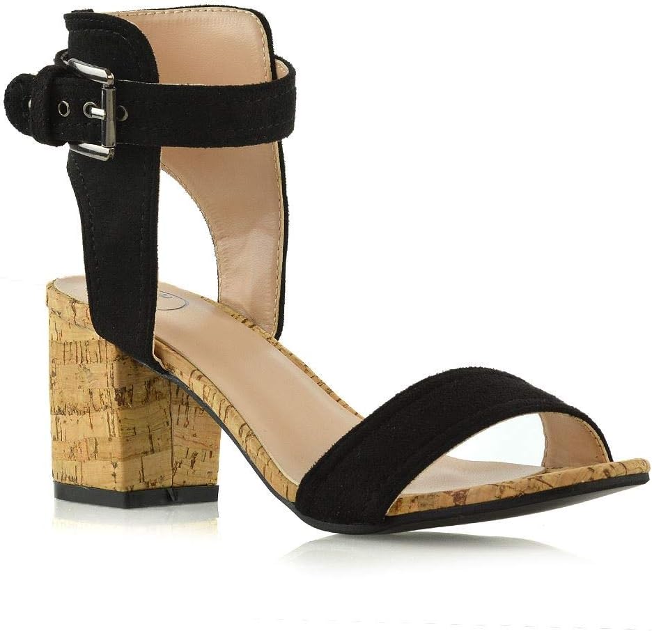 ESSEX GLAMWomens Low Mid Heel Sandals Ladies Buckle Ankle Strap Summer Shoes Size 3-8