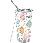 Whaline Easter Pastel Tumbler with Lid and Straw Spring Colorful Easter Egg Bunny Flower Tumbler Cup Stainless Steel Cup for Home Office Travel