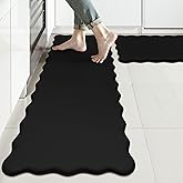 KIMODE Scalloped Kitchen Mats for Floor Cushioned Anti Fatigue,Wavy Kitchen Sink Rugs Sets of 2 Non Slip,Comfort Memory Foam Kitchen Floor Mat Carpet for Office Laundry,Black
