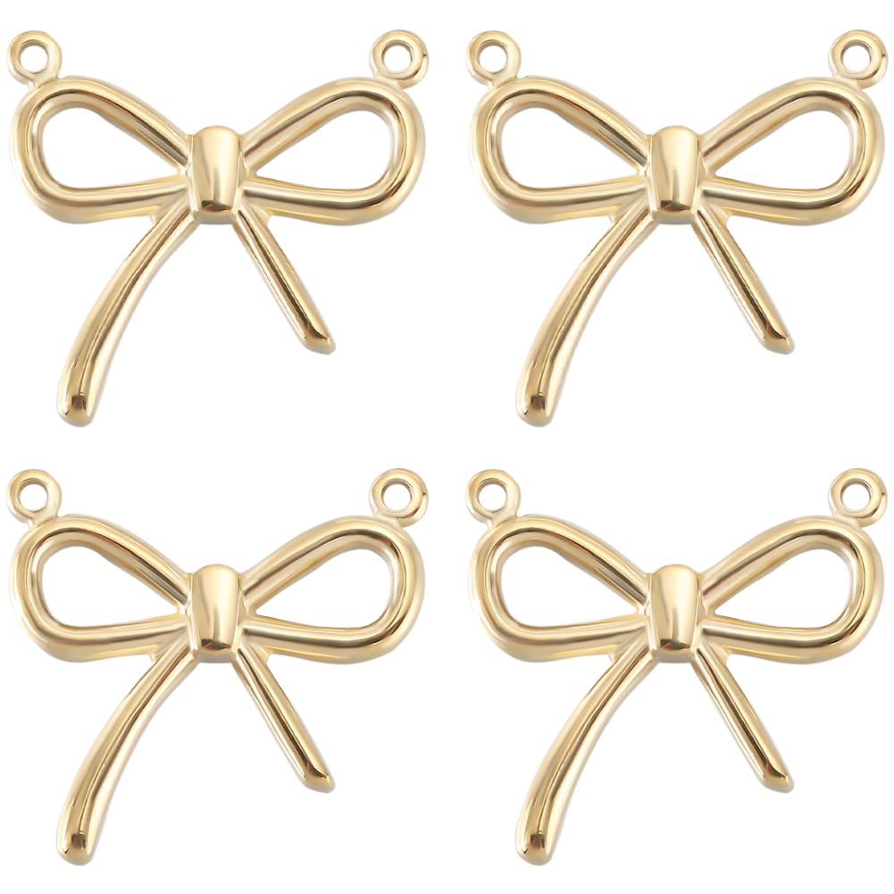 Beebeecraft 1 Box 6Pcs Bowknot Charms 14K Gold Plated 304 Stainless Steel Hollow Bowknot Links with 2 Holes for Necklace Jewelry Making (Hole: 1mm)
