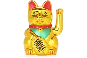 FIOTOK Maneki Neko, Lucky Fortune Cat, Japanese Lucky Cat with Waving Arm Gold Battery Operated(Battery Cover Included)