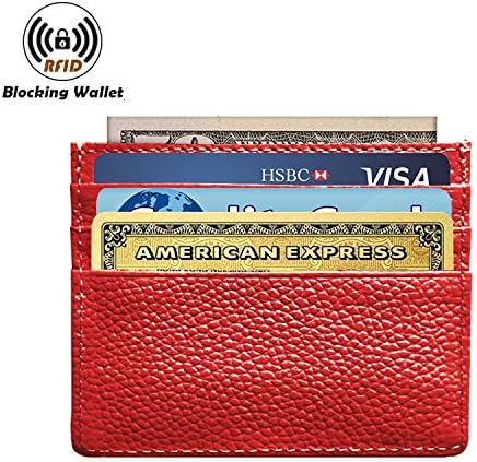 Genuine Leather RFID Blocking Card Case Compact Wallet Slim Super Thin 6 Card Slots (Red)