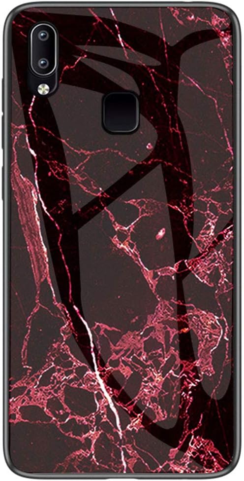 BINGRAN Vivo Y91 Case, [Stone Texture] Marble Print Tempered Glass Back Cover + Shockproof Soft TPU Bumper Hybrid Protection Case for Vivo Y91 6.22" Blood Red